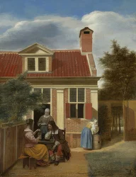 Společnost ve dvoře za domem. Kolem 1663-65