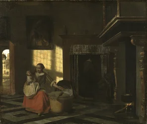 Interiér s matkou blízko kolébky - Interiér s matkou blízko kolébky, od Hoocha, Pietera, de (1629-1684). Olej na plátně, cca 1665. Rozměr: 54x65 cm. Národní muzeum Stockholm