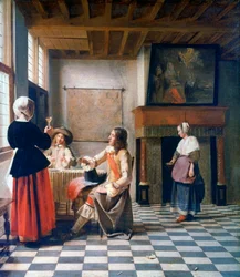 Interiér, žena pijící se dvěma muži a služebnou, kolem 1658