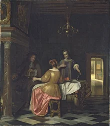Interiér s konverzujícím gentlemanem a dvěma dámami, kolem 1668-70 (olej na plátně)