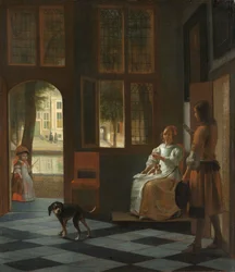 Muž předávající dopis ženě ve vstupní hale domu, 1670