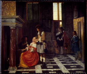 Hráči karet. Obraz Petera Hoogha (1629-1681) Ec. Podvod.
