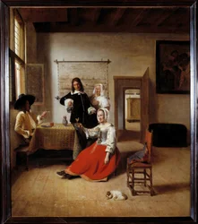 Pijanka. Žena závislá na alkoholu ve vlámském domě obklopená dalšími pijáky. Obraz Pietera de Hoocha (1629-1684), 1658. V. 0,69 x 0,6 m - Žena pijící s vojáky. Interiér vlámského domu. Obraz Pietera de Hoocha (1629-1684)