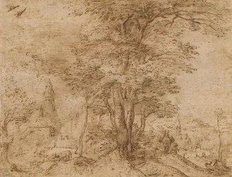 Vesnice se skupinou stromů a mezka, kolem 1552-54