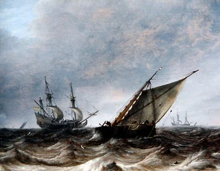 Smalschip a válečný muž v rozbouřených mořích (olej na panelu)