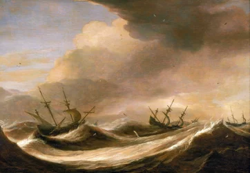 Lodě na širém moři prchají před bouří, mají zkrácené plachty a otřásají se v silných vlnách. Olej na dřevě, kolem roku 1640, autor Pieter Mulier (1615-1670).