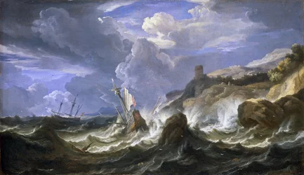 Ztroskotání lodi v bouři poblíž skalnatého pobřeží. Olej na plátně, polovina 17. století, autor: Pieter Mulier II. mladší (nebo Pietro Mulieribus či Pietro Cavaliere Tempesta) (1637-1701).