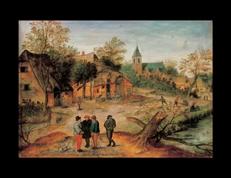 Vesnická krajina s farmáři konverzujícími v popředí, 1634