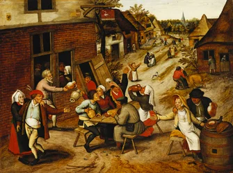 Veselící se venkované před hostincem U Labutě ve vesnické ulici, 1630