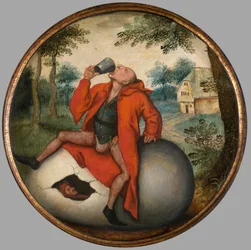 Opilec na vejci, vlámské přísloví, kolem roku 1594 (olej na desce)