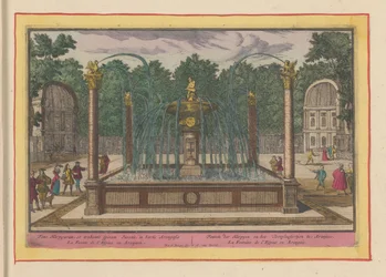 Výtažek z fontány z trnu v zahradách královského paláce v Aranjuez Fontána Harpyen a Toonpluysertjen v Aranjues (název na objektu) Theatrum Hispaniae (...) (název série)