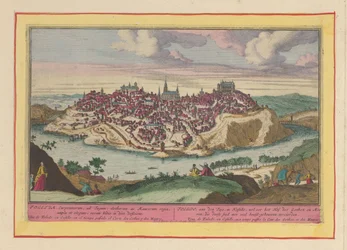 Pohled na město Toledo. Toledo na řece Tajo v Kastilii, kdysi dvůr Gótů a Maurů, kteří toto město ozdobili mnoha hlavními stavbami (název na objektu). Theatrum Hispaniae (...) (název série)