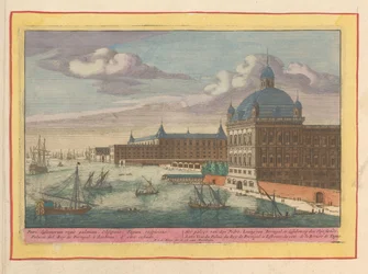 Pohled na královský palác v Lisabonu Paláce dona Pedra, portugalského krále, v Lisabonu, na Tajo siede (titul na předmětu) Theatrum Hispaniae (...) (název série)