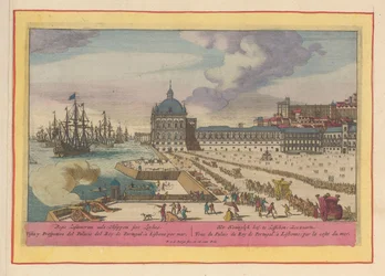 Pohled na královský palác v Lisabonu a nádvoří s lidmi Královský dvůr v Lisabonu; Zeewaartz (název na objektu) Theatrum Hispaniae (...) (název série)