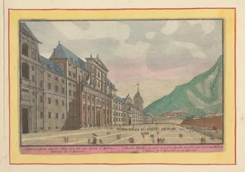 Pohled na nádvoří a fasádu Escorialu Vlastní klášter, na straně přední; stojící sám nedaleko od Madridu (název na objektu) Theatrum Hispaniae (...) (název série)
