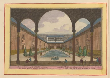Dvůr v Alhambře v Granadě. Zahrada rozkoše maurských králů v paláci Alhambra uvnitř Granady (název na objektu). Theatrum Hispaniae (...) (název série)