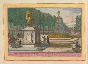 Jezdecká socha Filipa II v palácové zahradě v Madridu. Filip II na koni v zahradě paláce v Madridu. Theatrum Hispaniae (...)