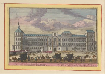 Čelní pohled na královský palác v Madridu Královský palác, zepředu, uvnitř Madridu (název na objektu) Theatrum Hispaniae (...) (název série)