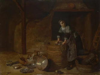 Žena drhnoucí hrnec, c. 1650-1660