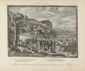 Landschap met de verdrijving van Hagar en Ismaël door Abraham Adoptovaní synové lucusa (titul na předmětu) Posvátné emblémy a hlavní historie obou zákonů (Oude Testament) (název série) Obrázky a figurky knih (název série)