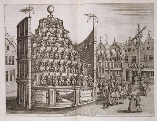 Ilustrace zobrazující pohyblivé divadlo z „historického vyprávění o odchodu a inauguraci...“ od Johannese Bochiuse, Plantin Press, 1602