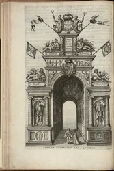 Řeky Tagus, Plata, Ganga a Hydaspes. Zadní strana portugalského vítězného oblouku, vjezd Ernsta, arcivévody rakouského, do Antverp, vydáno 1595 (rytina)