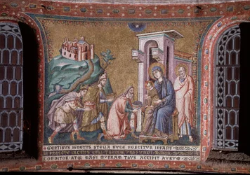 Klanění mozaikových králů apsidy Pietra Cavalliniho (aktivní kolem 1273-1330) konec 13. století (Klanění mágů, mozaika z apsidy od Pietra Cavalliniho, konec 13. století) Řím, kostel Santa Maria in Trastevere Itálie