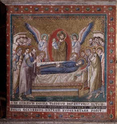 Mozaikové Zesnutí v apsidě od Pietra Cavalliniho (činný kolem 1273-1330), konec 13. století (Smrt Panny Marie, mozaika z apsidy od Pietra Cavalliniho, konec 13. století), Řím, kostel Santa Maria in Trastevere, Itálie