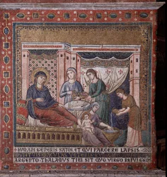 Narození Marie Mozaika z apsidy Pietra Cavalliniho (činný kolem 1273-1330) konec 13. století (Narození Marie, mozaika z apsidy od Pietra Cavalliniho, konec 13. století) Řím, kostel Santa Maria in Trastevere Itálie