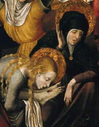 Sestup z kříže (Deposizione), detail Marie Magdaleny objímající nohy Krista, začátek 16. století (tempera na panelu)