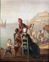Prodejce ryb a pár, detail, 18. století, Museo Nazionale di San Martino, Neapol