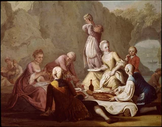 Scéna hostiny v Posillipu (Pausilippe), Neapol. Detail aristokratů při pikniku - Hostina v Posillipu - Detail aristokratů - 18. století, Museo Nazionale di San Martino, Neapol