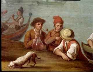 Scéna hostiny v Posillipu (Pausilippe), Neapol, detail s rybáři - Hostina v Posillipu - detail s rybáři. Pietro Fabris. 18. století. Museo Nazionale di San Martino, Neapol