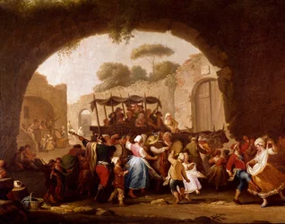 Taneční scéna a lidová slavnost v Neapoli, detail. Tanečníci tarantely (tarantela, tarantela). Pietro Fabris (činný mezi lety 1763 a 1776), 18. století, Neapol, Museo Nazionale di San Martino