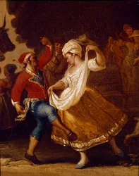 Taneční scéna a lidová slavnost v Neapoli, detail tarantely (tarantela, tarantela), 18. století, Neapol, Museo Nazionale di San Martino