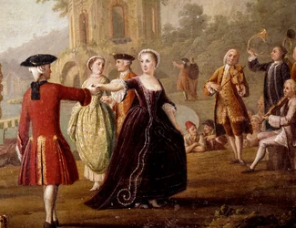 Vznešená taneční a slavnostní scéna v Neapoli. Tanečníci v parku. 18. století. Neapol, Museo Nazionale di San Martino