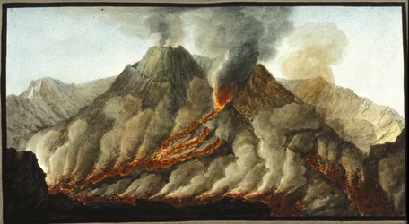 Erupce Vesuvu. Tento kvaš provedl Pierre Fabris na žádost sira Williama Hamiltona, anglického velvyslance v Neapoli.Bibl. Braidense, Milán.