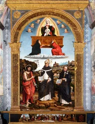 Odigitria Madonna se svatými Janem Křtitelem, Antoninem z Florencie a Nicola da Tolentino, podepsáno a datováno