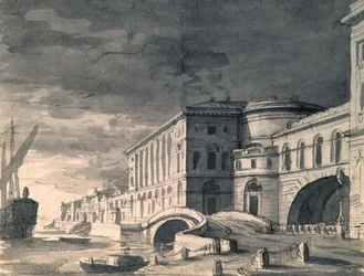 Pohled na nábřeží Něvy s divadlem Ermitáž uprostřed, po roce 1802 (pero, štětec, inkoust a tužka)