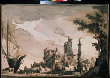 ""Pohled na přístav"" Divadelní výzdoba. Akvarel Pietro di Gottardo Gonzaga (1751-1831) 1818. Akvarel a tuš na papíře. Moskva, Puškinovo muzeum