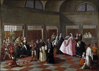 Salon kláštera. Obraz z okruhu Pietra Longhiho (1702-1785), 1750, rozměry 96 x 131 cm, Ca