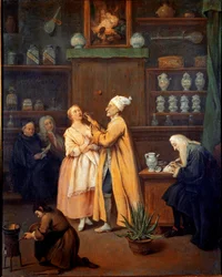 Lékárník. Obraz Pietra Longhiho (1702-1785). 1752 (Aloe Vera v popředí) Galleria dell