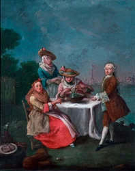 Ochutnat v zahradách benátského ústí v Cartose nebo Vignole Dvě ženy v cestovních oblecích, jedna z nich salát kořenila. Obraz Pietro Longhi (1702-1785) 1759 cca. Slunce. 62x50 cm venise, Ca 