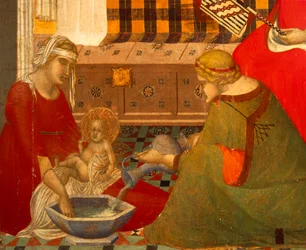 Narození Panny Marie, detail z Triptychu Narození Panny Marie od Pietra Lorenzettiho (kolem 1280-1348), tempera na dřevě