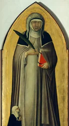 Blahoslavená pokora, detail z oltářního obrazu Blahoslavené pokory od Pietra Lorenzettiho (kolem 1280-1348), tempera a zlato na dřevěné desce