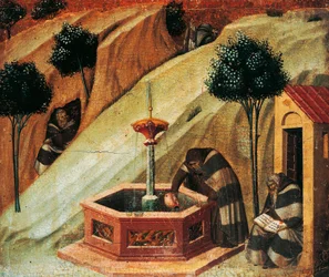 Karmelitánka čerpá vodu z pramene proroka Eliáše, detail ze stupně karmínského oltáře od Pietra Lorenzettiho (kolem 1280-1348), tempera a zlato na dřevěné desce