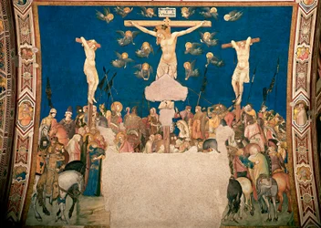 Freska Ukřižování od Pietra Lorenzettiho (kolem 1280/5-1348), 1335-1340, Basilica di San Francesco, dolní kostel, Assisi