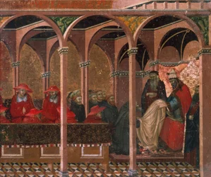 Honorius III schvalující karmelitánské pravidlo, detail z predely oltářního obrazu pro Carmine od Pietra Lorenzettiho (kolem 1280-1348), tempera a zlato na dřevěné desce