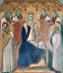 Madona s dítětem, svatí a andělé od Pietra Lorenzettiho (kolem 1280-1348), tempera na dřevě