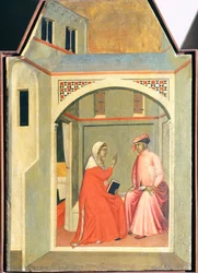 Rosana se odděluje od svého manžela Ugolotta, aby žila svatě, dlaždice z oltářního obrazu Blahoslavené Pokory od Pietra Lorenzettiho (asi 1280-1348), tempera a zlato na dřevěné desce.
